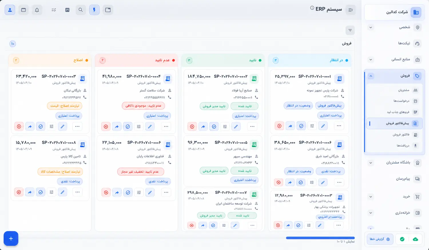 مدیریت فروش مانی به‌شکل کانبان: پیش‌فاکتورها در وضعیت‌های اصلاح، عدم تأیید، تأیید و در انتظار